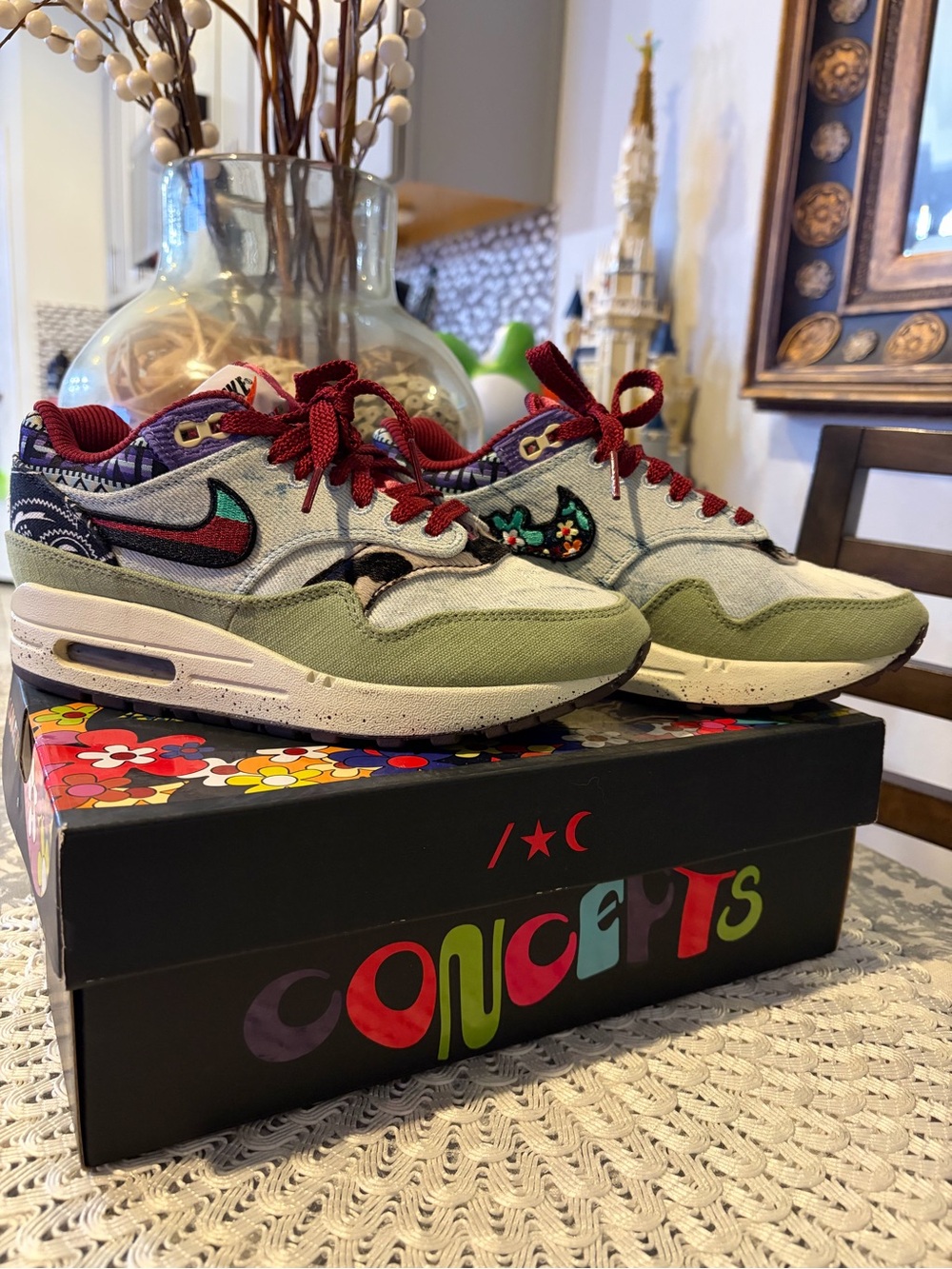 Nike Air Max 1 SP Concepts Mellow - Olive Green, Burgundy & Denim Size 6 Women’s